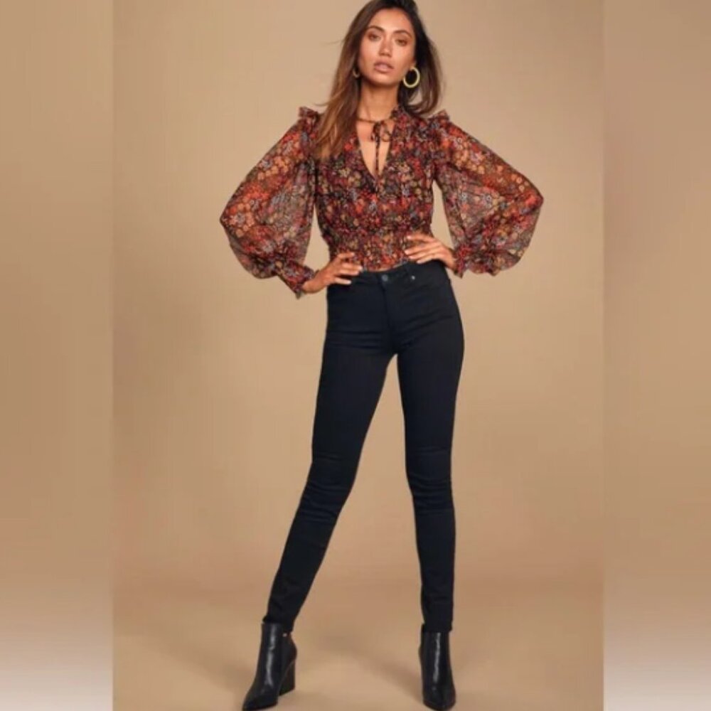 Free People Twyla Sheer Black Floral Print Smocked Long Sleeve Crop Top
